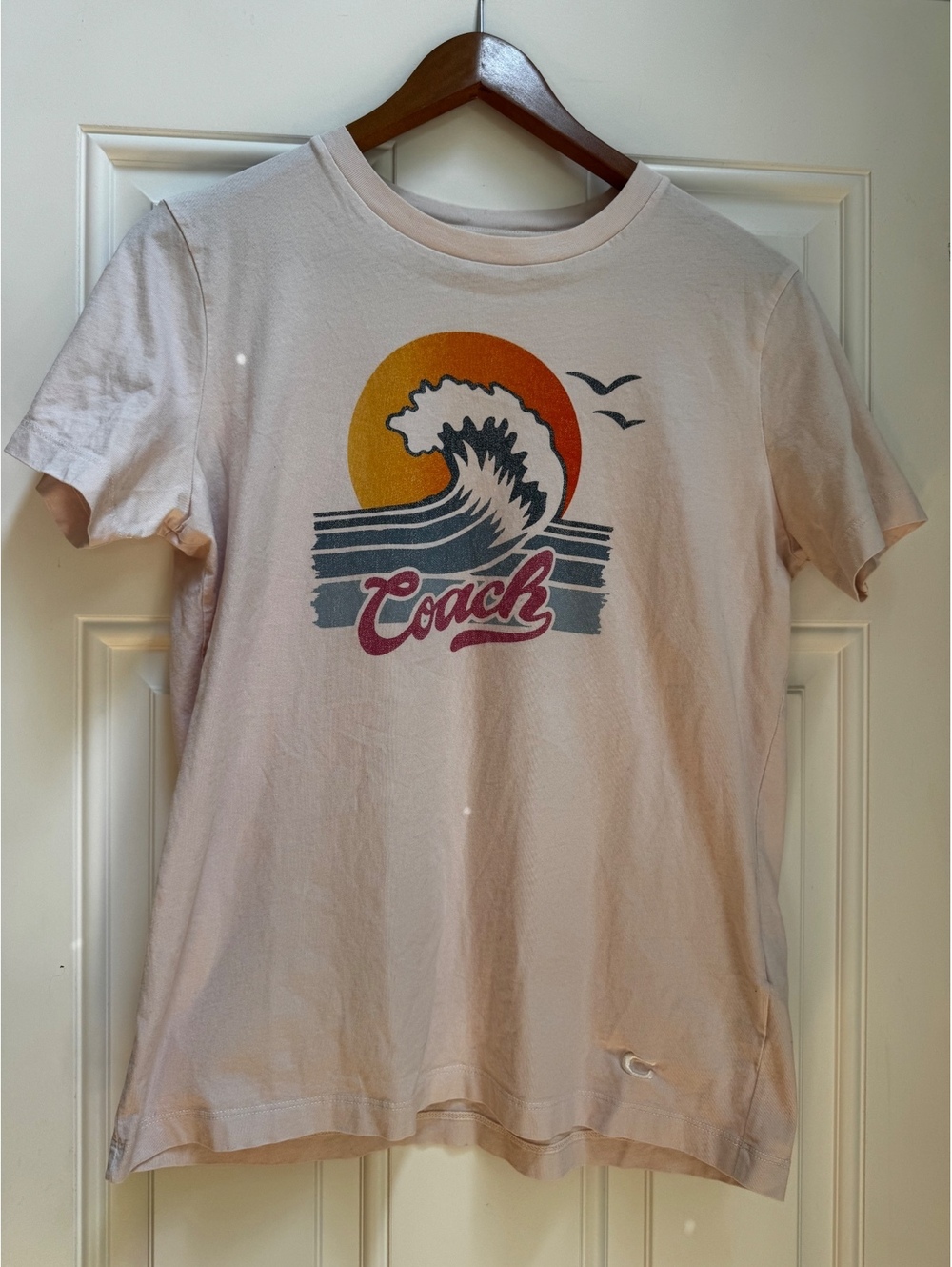 Coach Women’s Surf Graphic Wave T-Shirt Small Peach Cotton Retro Sunset Tee